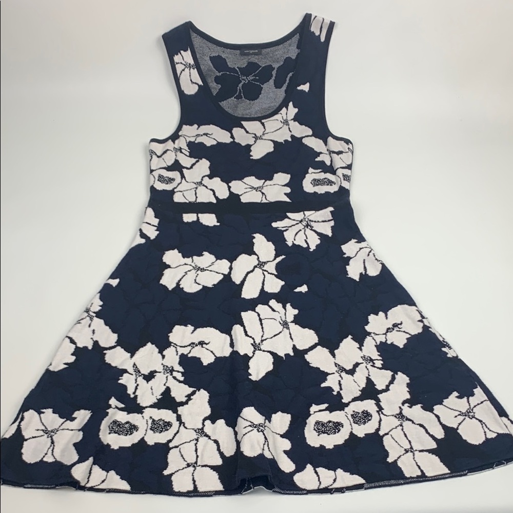 Ann Taylor Navy Blue White Floral Tank Top A Line Dress Size Medium Stretch